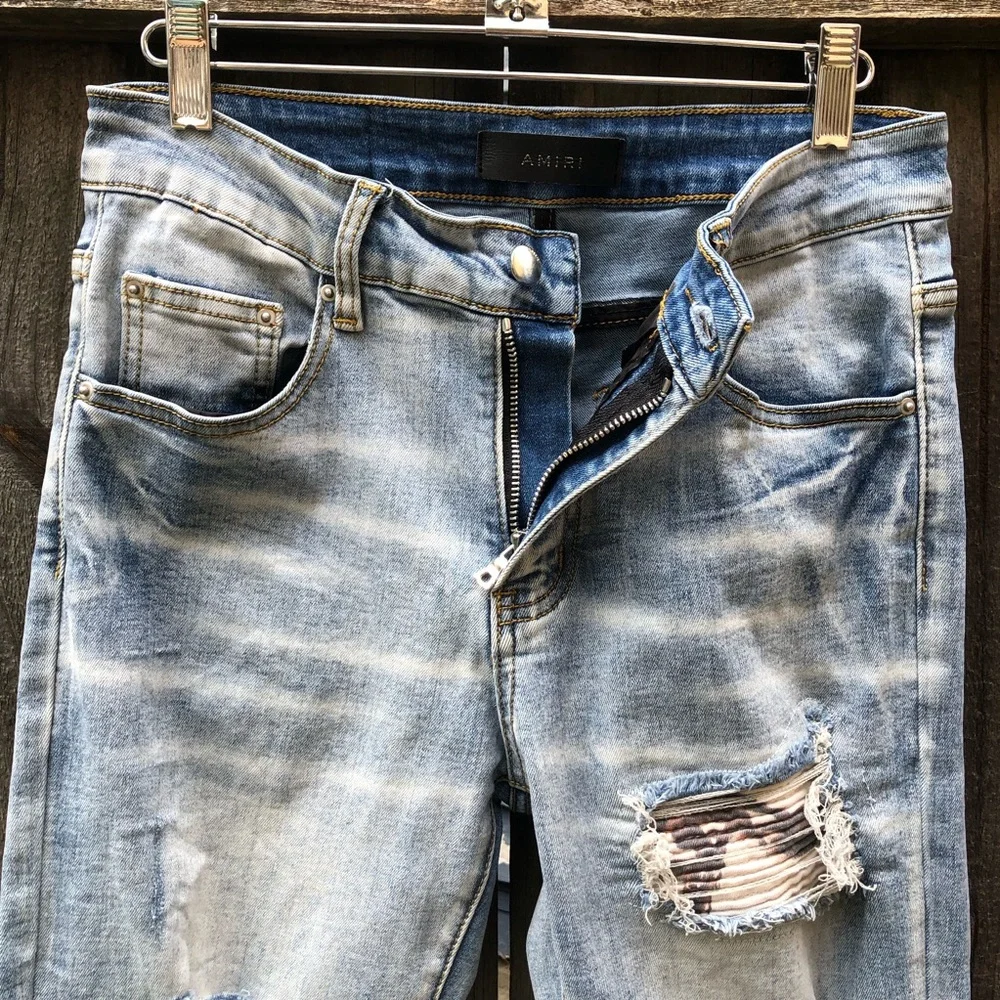 Amiri MX1 Jeans Distressed Ribbed Patchwork Size 29 Light Wash Skinny Stretch